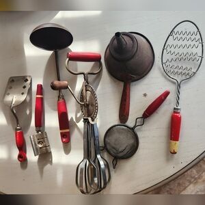 Vintage Kitchen Utensil Set with Red Handles